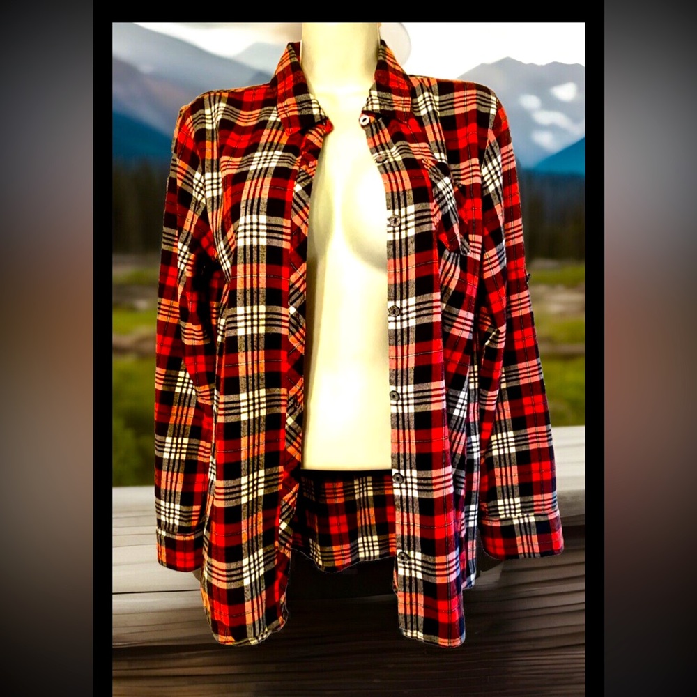 💕JUSTICE💕PLAID FLANNEL ROLL TAB SLEEVE SPARKLE BUTTON SIDE SLIT POCKET SHIRT❣️